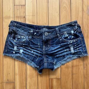Y2K Almost Famous Low Rise Distressed Paint Splatter Denim Shorts Size 3 Blue